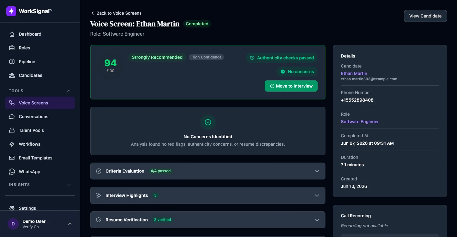 WorkSignal voice screen result: 94/100, Strongly Recommended, authenticity checks passed, with criteria evaluation, interview highlights, and resume verification